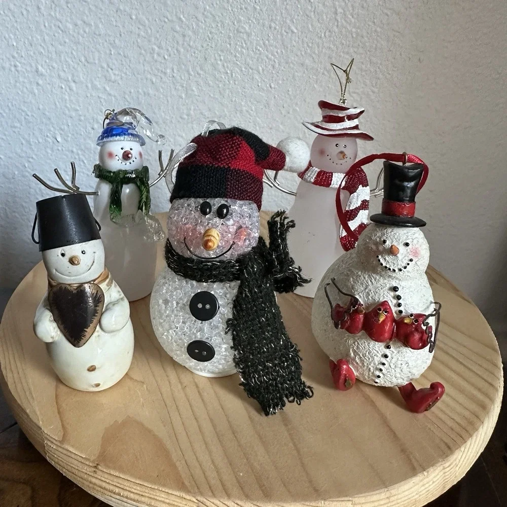 Assorted Christmas Snowman Figurines 4-5 Inch Metal Ceramic Glass Resin Lot Of 5